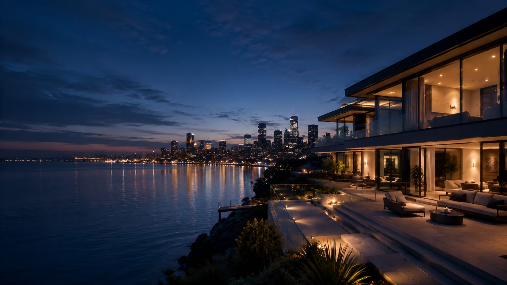 A modern luxury harbourside home at blue hour overlooking the Sydney skyline and water